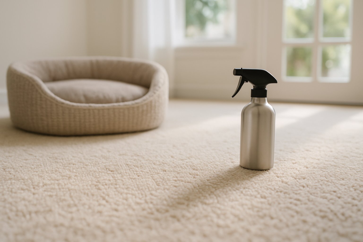 Clean carpet beside a neat pet bed