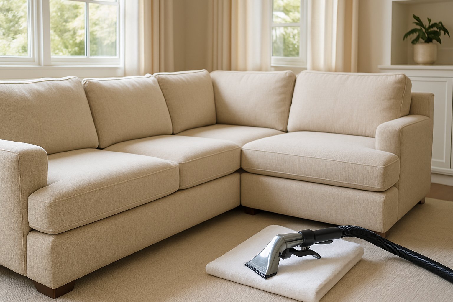 Freshly cleaned light fabric sofa