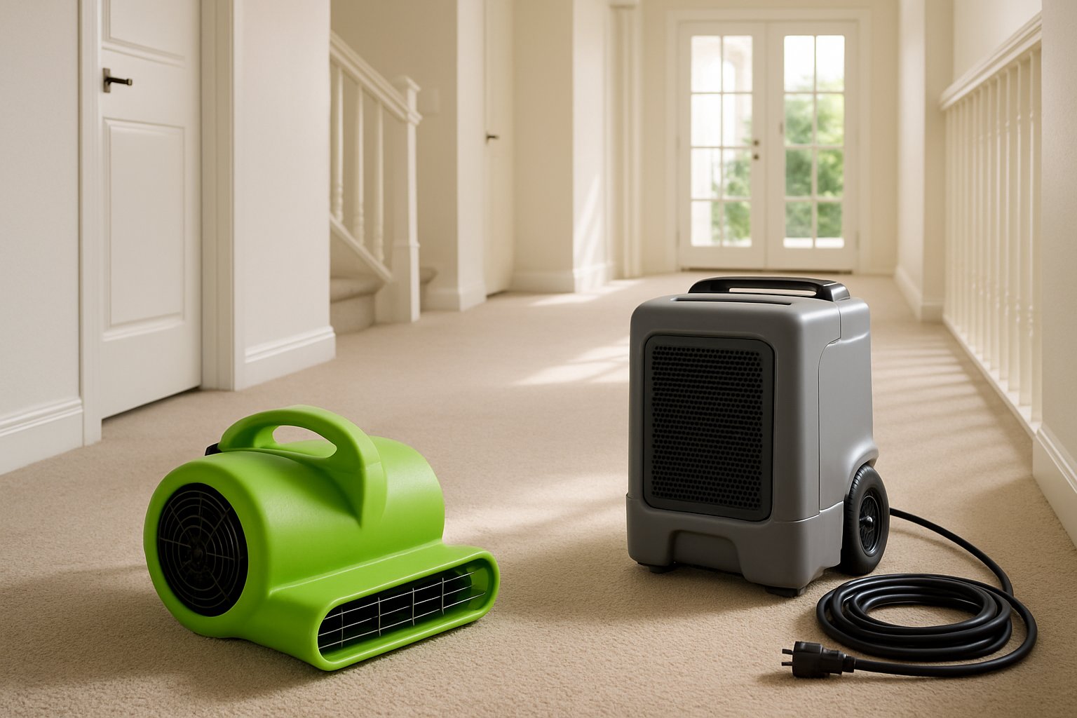 Air mover and dehumidifier arranged for carpet dry-out
